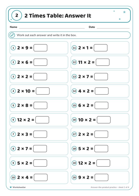 2 Times Table Practice Worksheets - inside page 2
