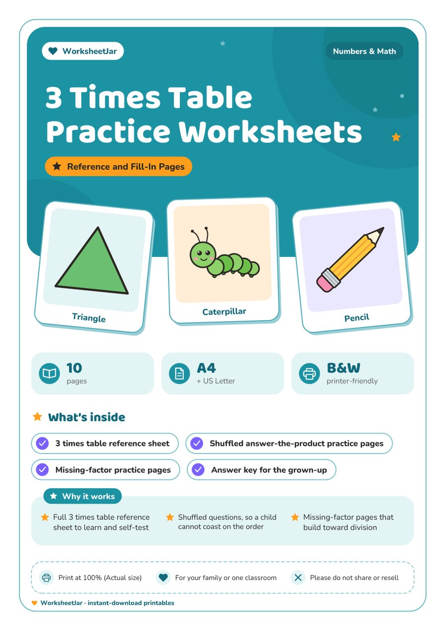 3 Times Table Practice Worksheets - cover