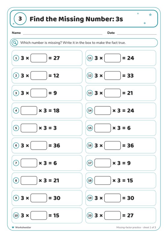 3 Times Table Practice Worksheets - inside page 3