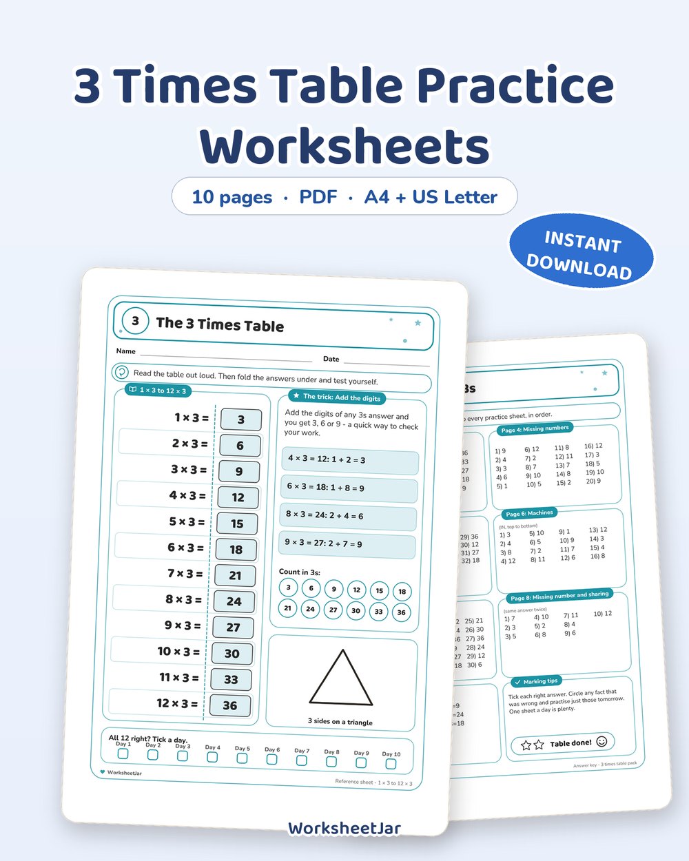 3 Times Table Practice Worksheets | Reference and Fill-In Pages - printable numbers & math PDF, page preview