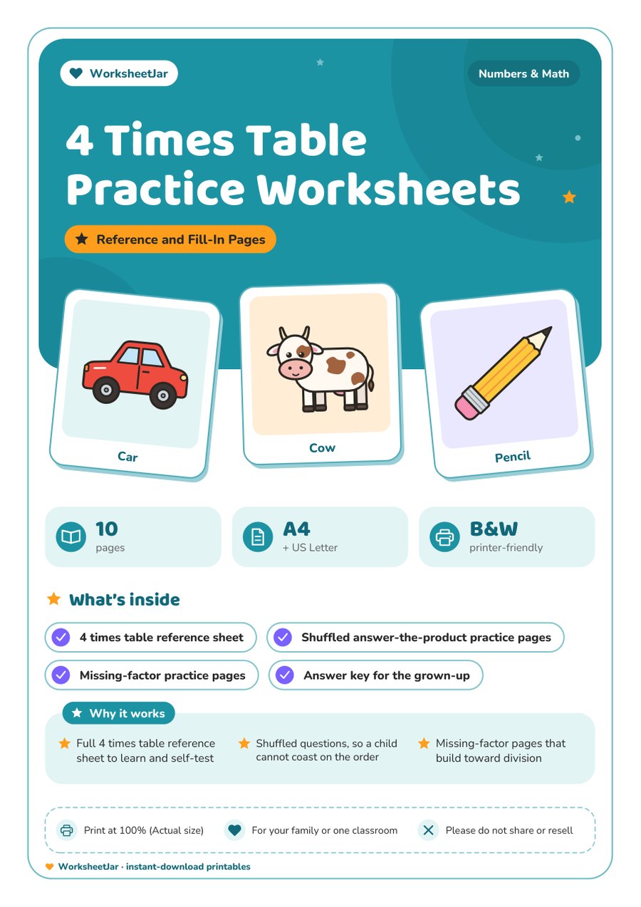 4 Times Table Practice Worksheets - cover
