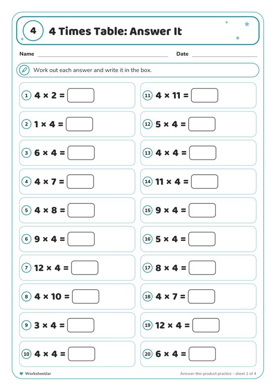 4 Times Table Practice Worksheets - inside page 2