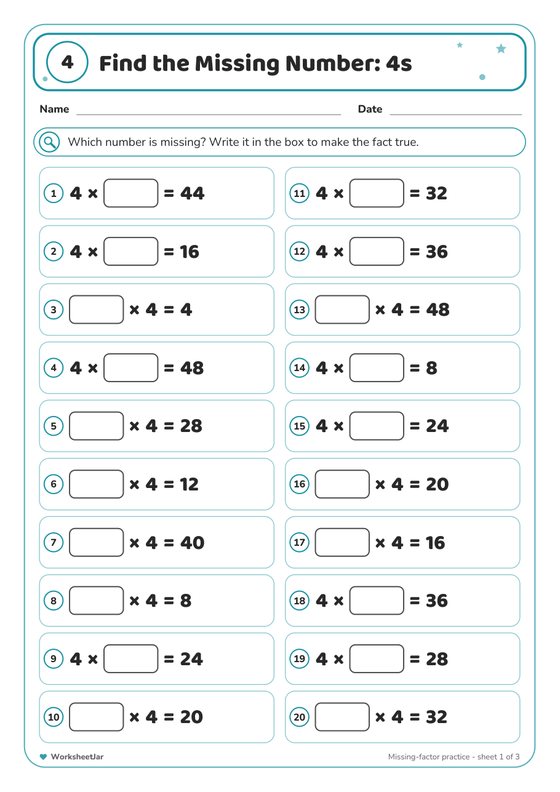 4 Times Table Practice Worksheets - inside page 3