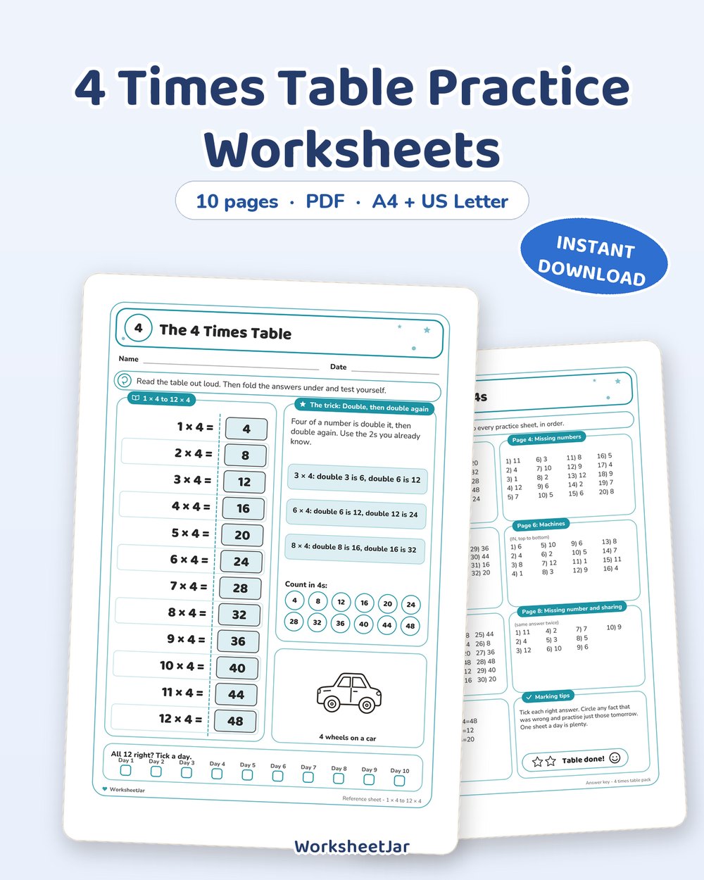 4 Times Table Practice Worksheets | Reference and Fill-In Pages - printable numbers & math PDF, page preview