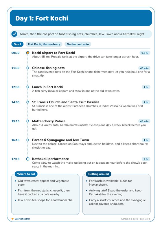 5 Days in Kerala Itinerary - inside page 1