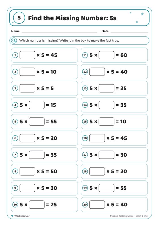 5 Times Table Practice Worksheets - inside page 3
