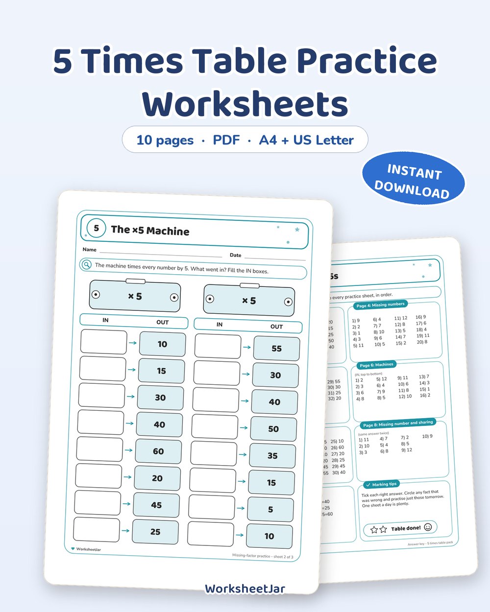5 Times Table Practice Worksheets | Reference and Fill-In Pages - printable numbers & math PDF, page preview