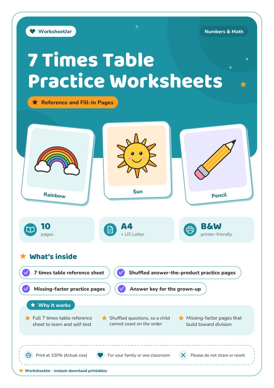 7 Times Table Practice Worksheets - cover