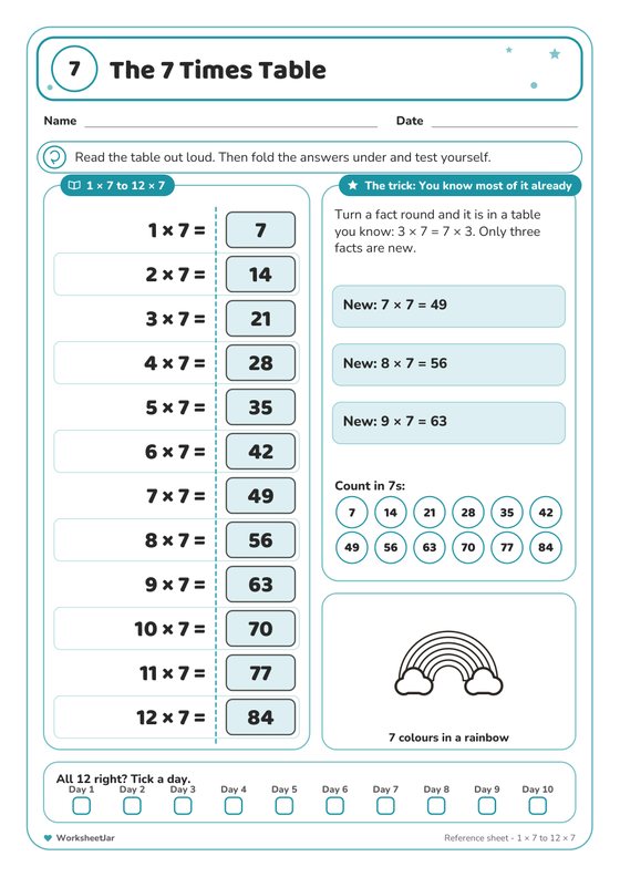 7 Times Table Practice Worksheets - inside page 1