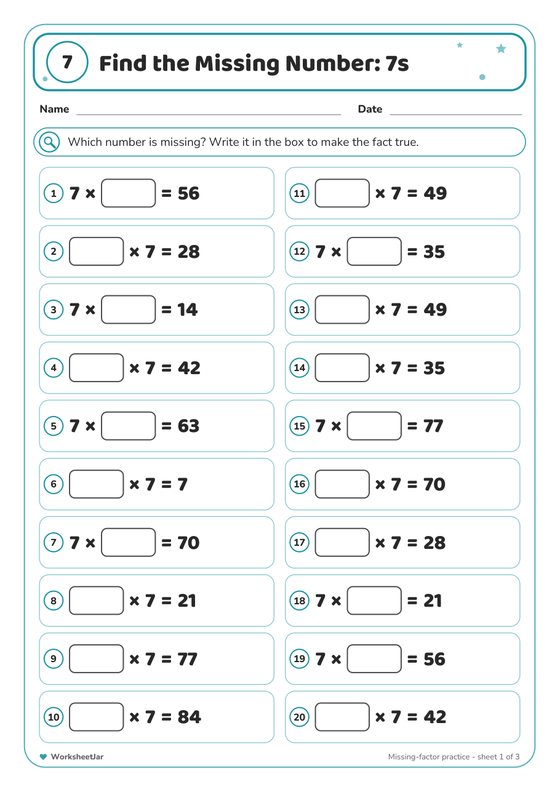 7 Times Table Practice Worksheets - inside page 3