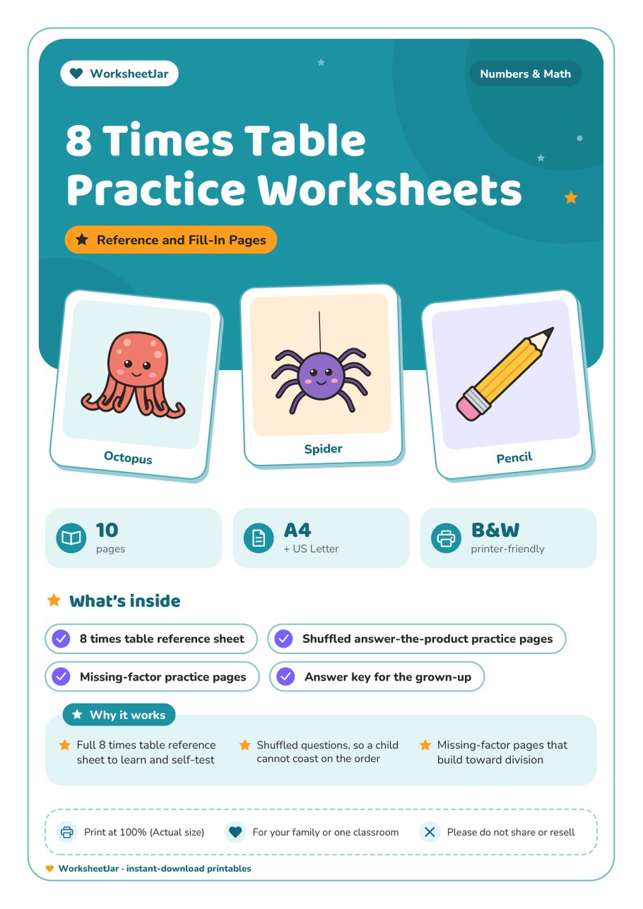 8 Times Table Practice Worksheets - cover