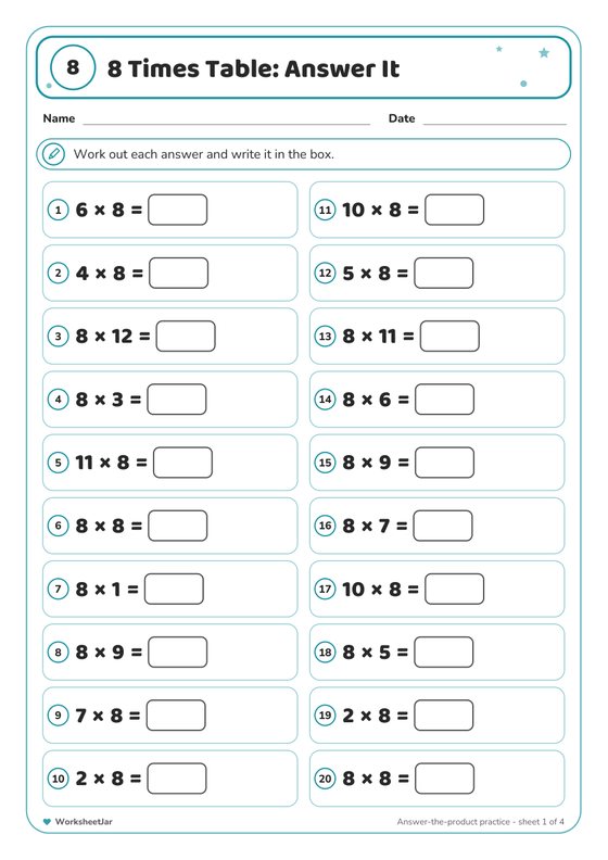 8 Times Table Practice Worksheets - inside page 2