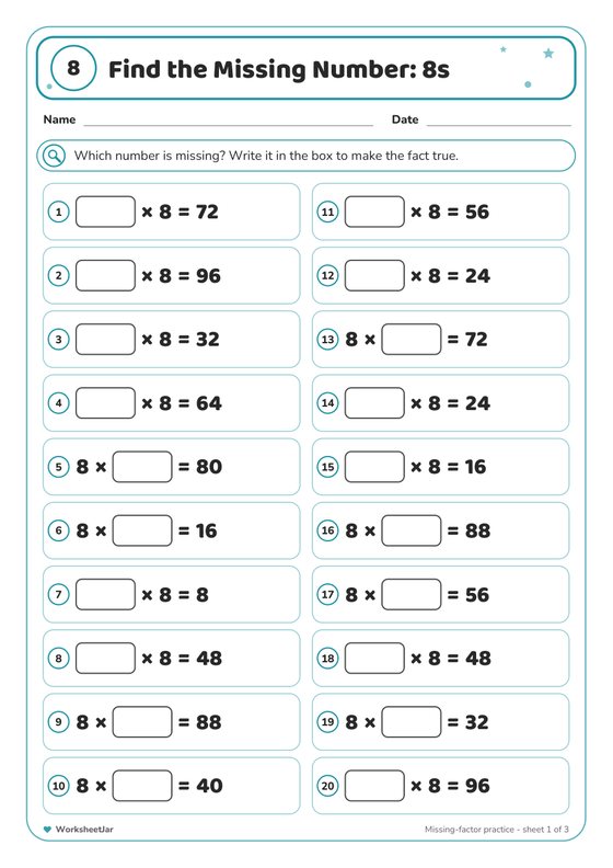 8 Times Table Practice Worksheets - inside page 3