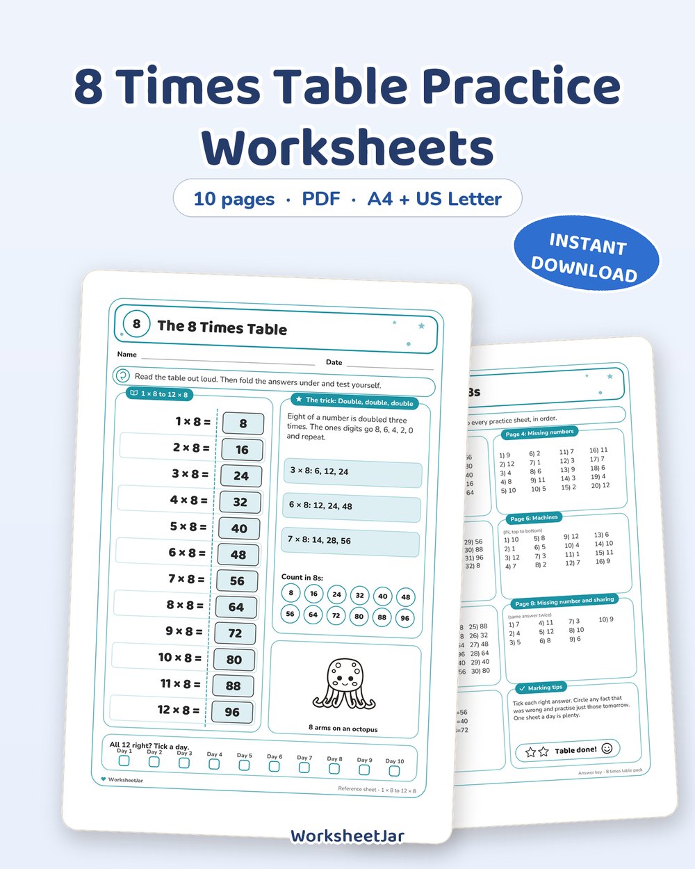8 Times Table Practice Worksheets | Reference and Fill-In Pages - printable numbers & math PDF, page preview