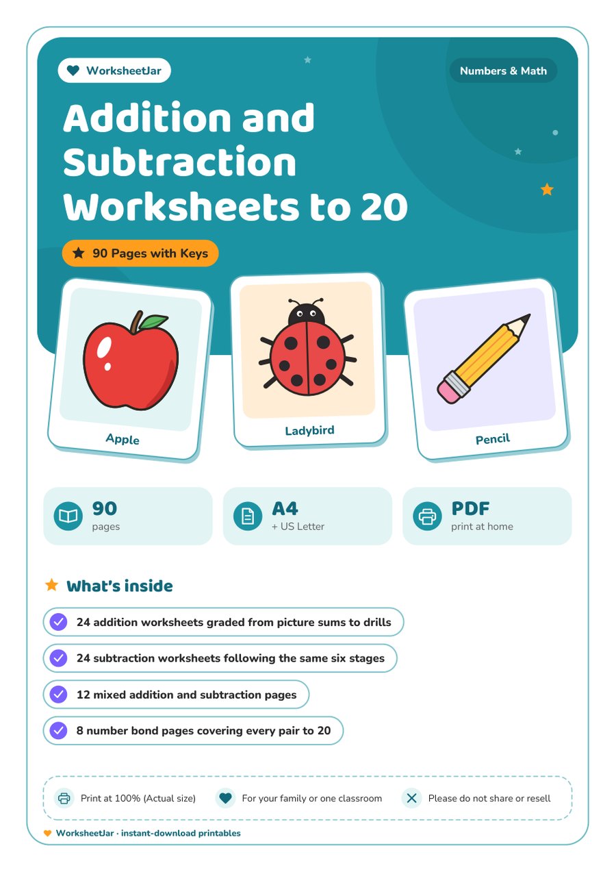 Addition and Subtraction Worksheets to 20 - cover