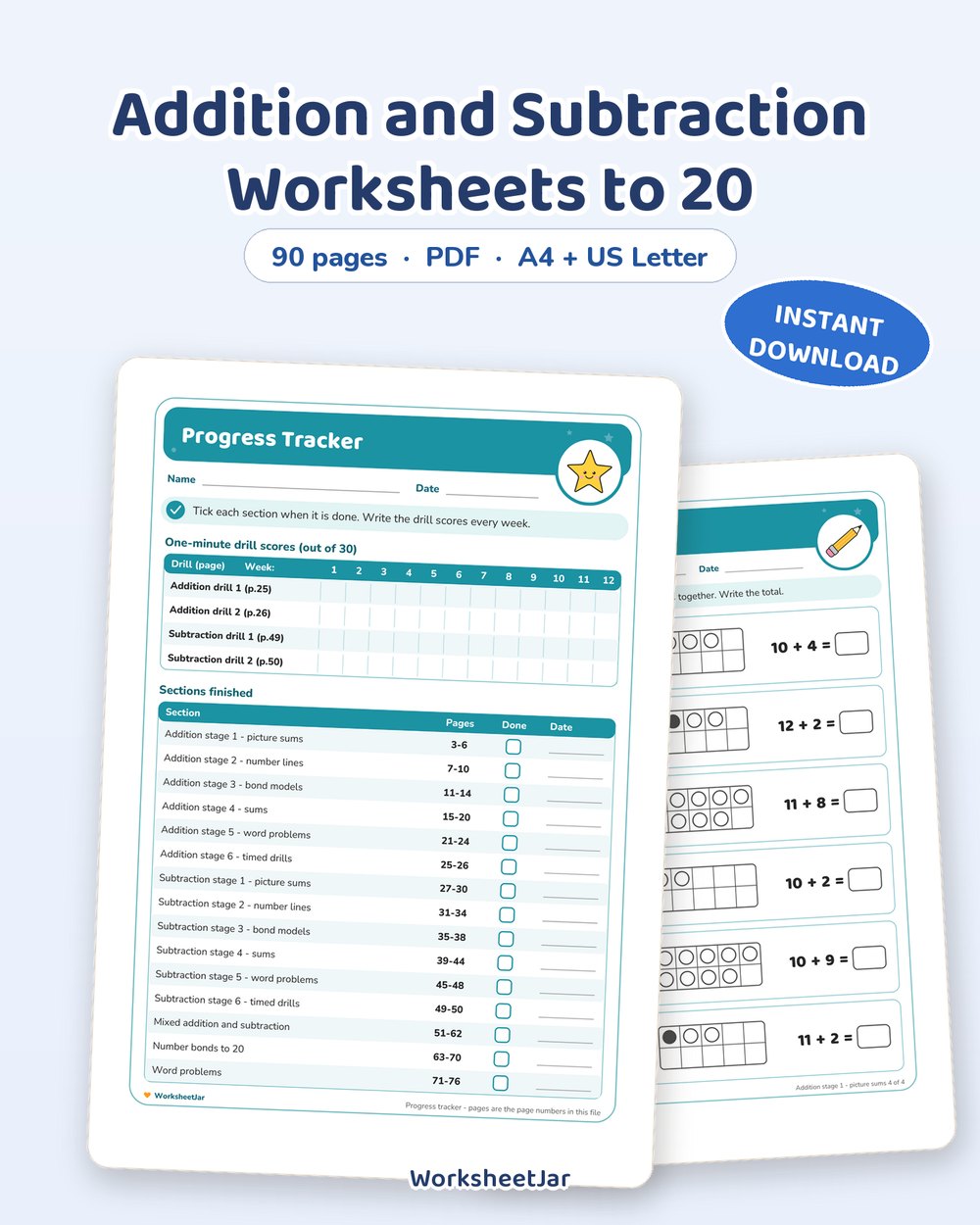 Addition and Subtraction Worksheets to 20 | 90 Pages with Keys - printable numbers & math PDF, page preview
