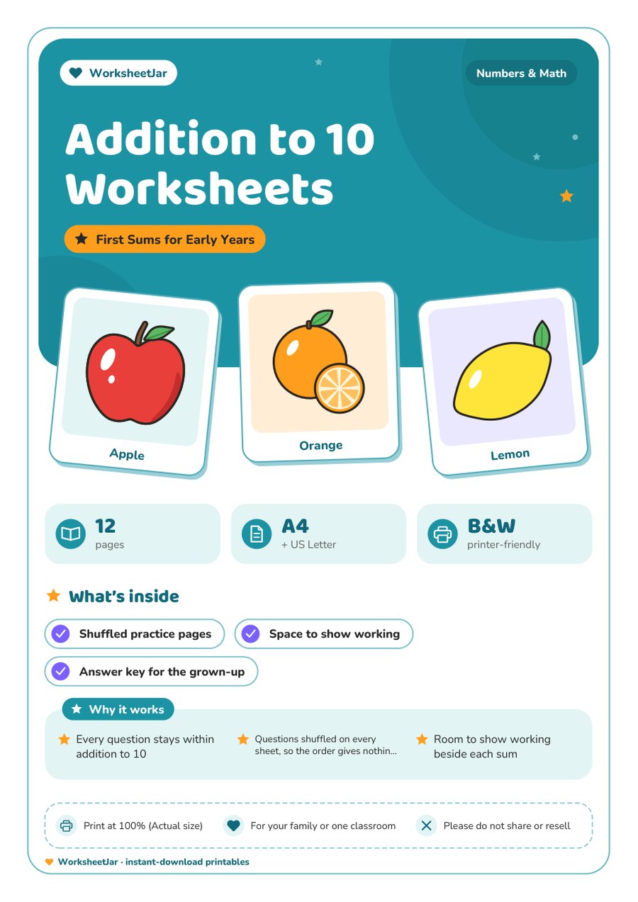 Addition to 10 Worksheets - cover