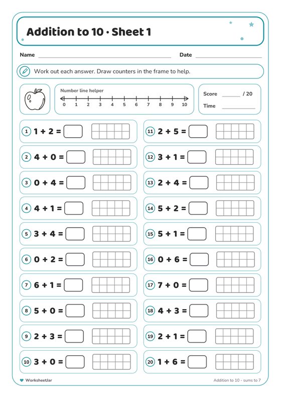 Addition to 10 Worksheets - inside page 1