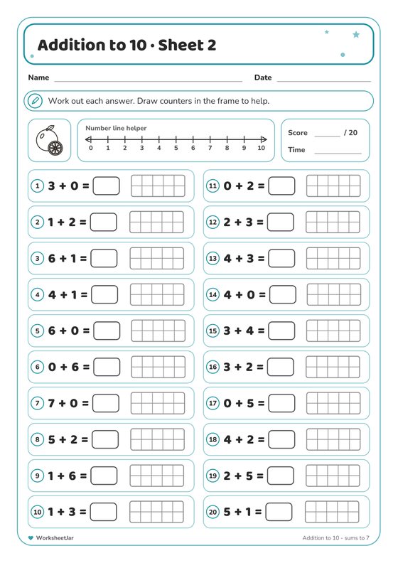 Addition to 10 Worksheets - inside page 2