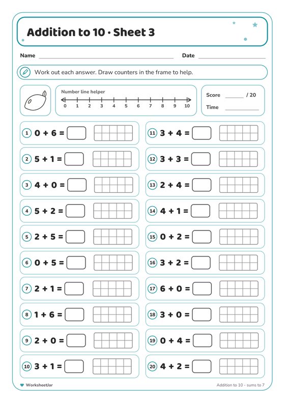 Addition to 10 Worksheets - inside page 3