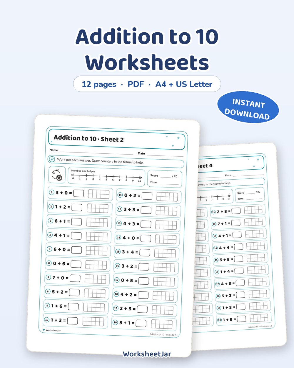 Addition to 10 Worksheets | First Sums for Early Years - printable numbers & math PDF, page preview