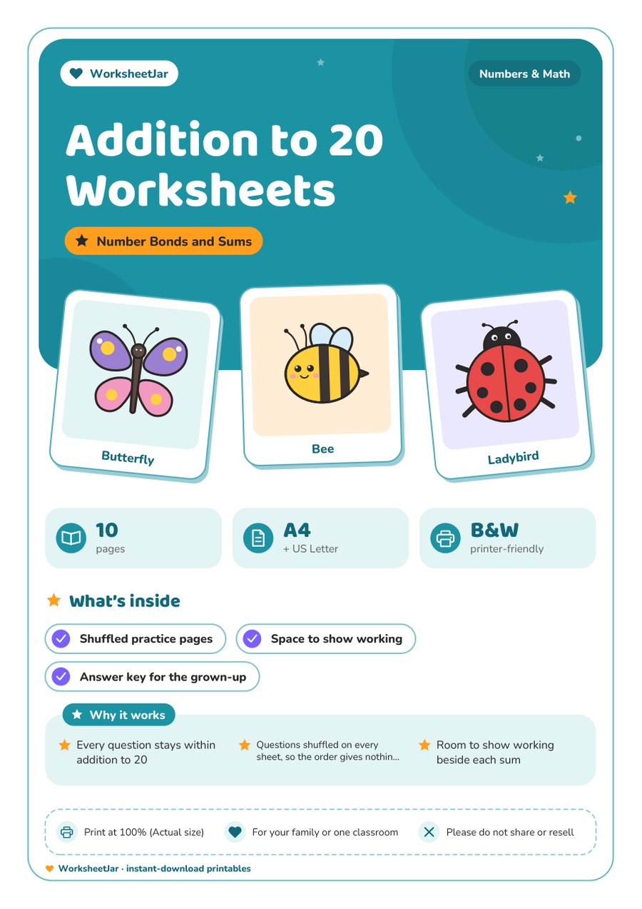 Addition to 20 Worksheets - cover