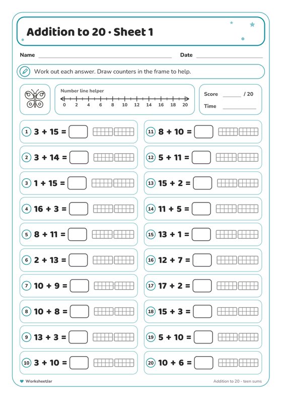 Addition to 20 Worksheets - inside page 1
