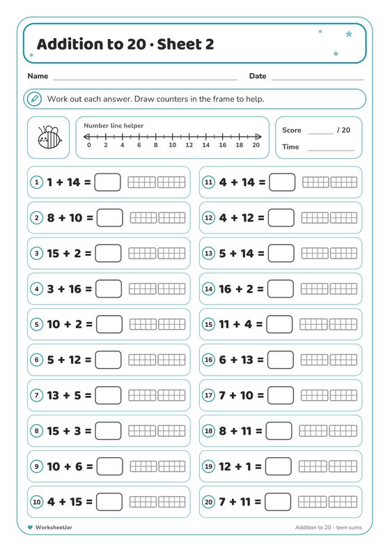 Addition to 20 Worksheets - inside page 2