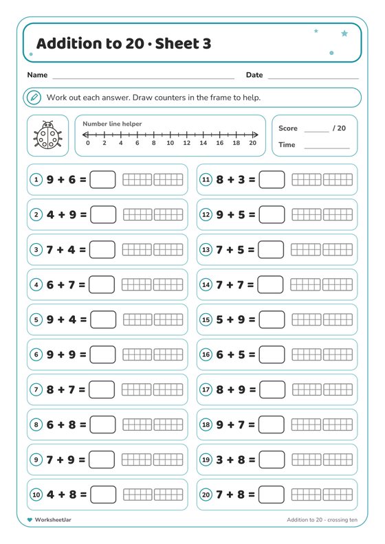 Addition to 20 Worksheets - inside page 3