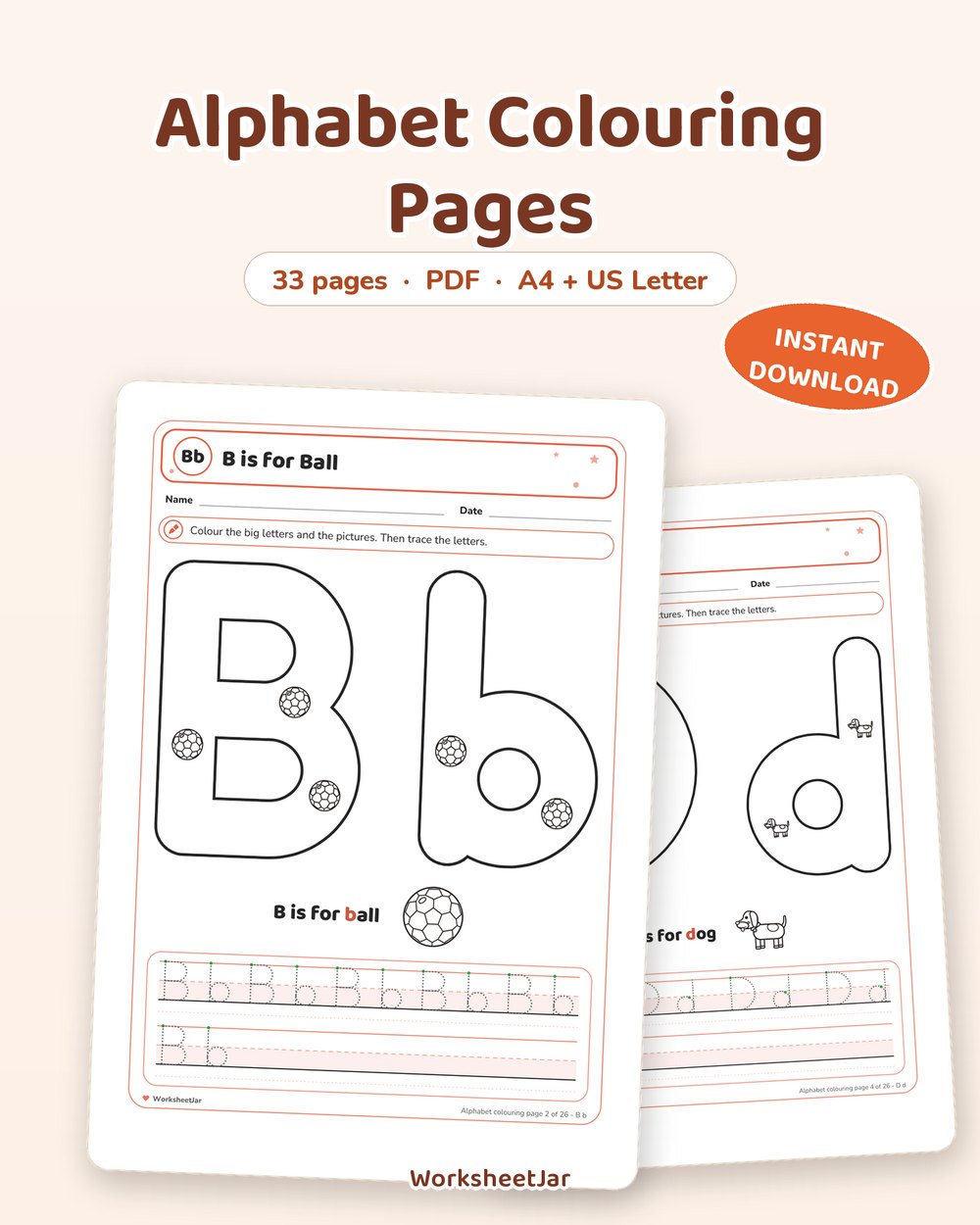 Alphabet Colouring Pages | 32 Letter and Picture Sheets - printable alphabet & phonics PDF, page preview