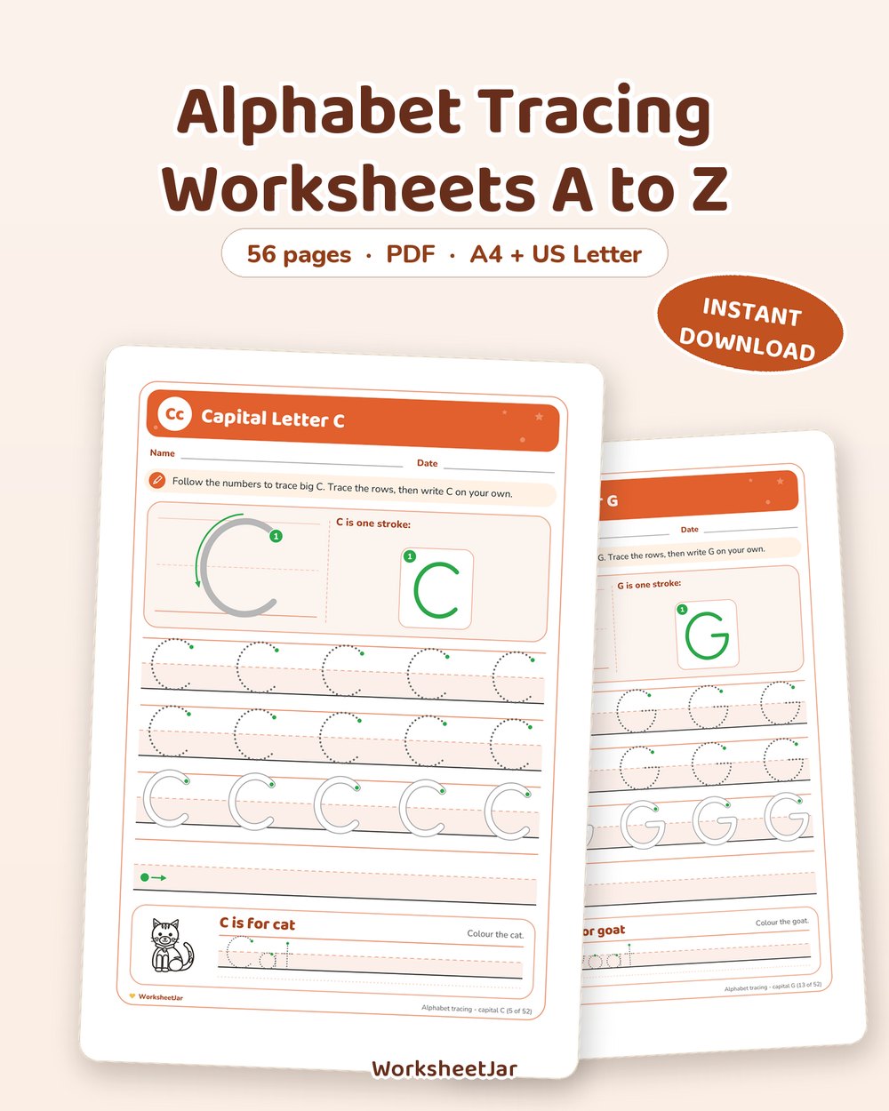 Alphabet Tracing Worksheets A to Z | 55 Practice Pages - printable tracing & pre-writing PDF, page preview