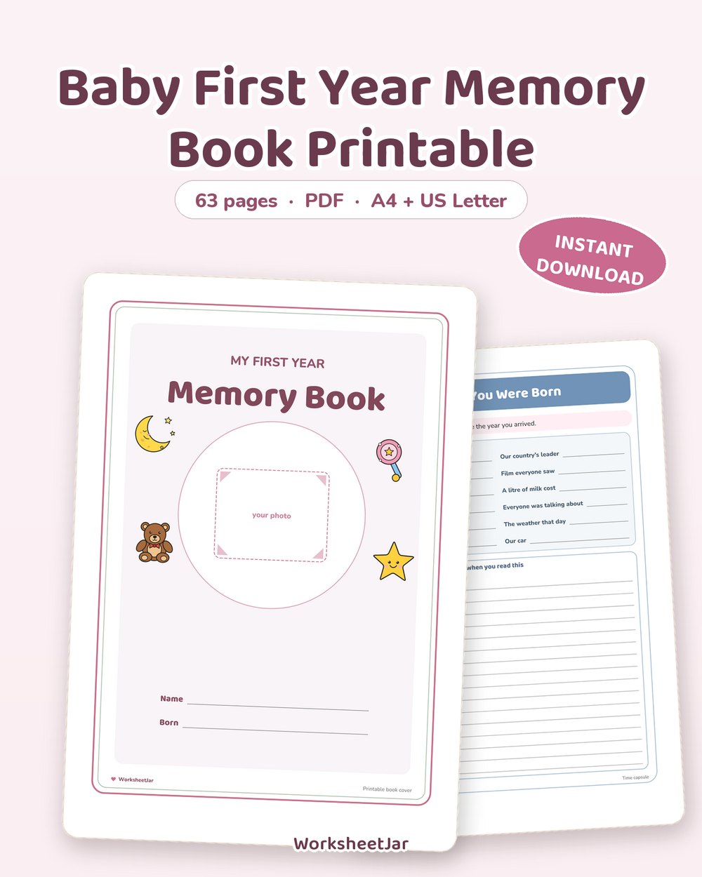 Baby First Year Memory Book Printable | 63 Pages - printable baby & milestones PDF, page preview