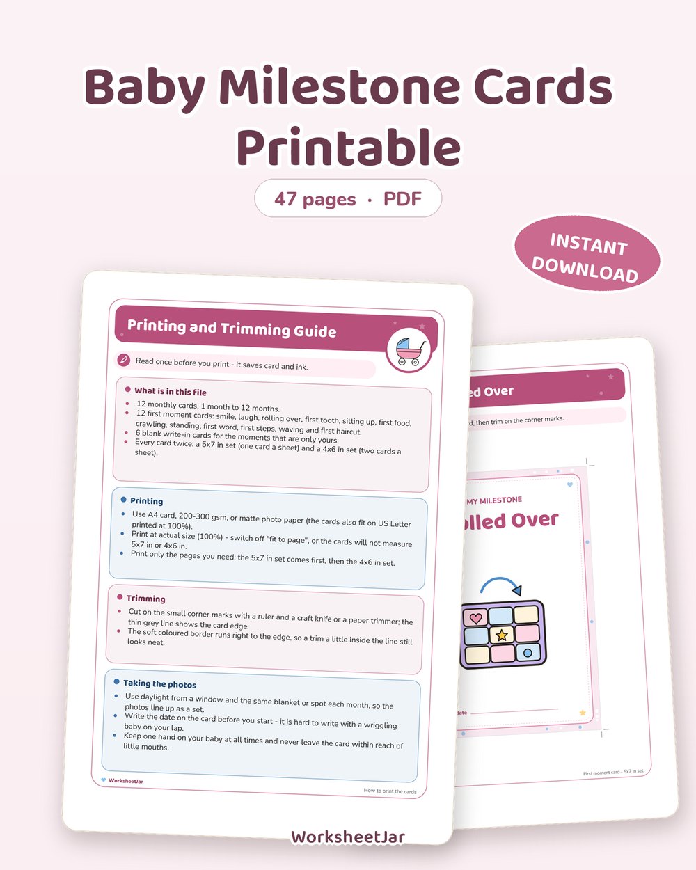 Baby Milestone Cards Printable | 30 Cards in 4x6 and 5x7 - printable baby & milestones PDF, page preview