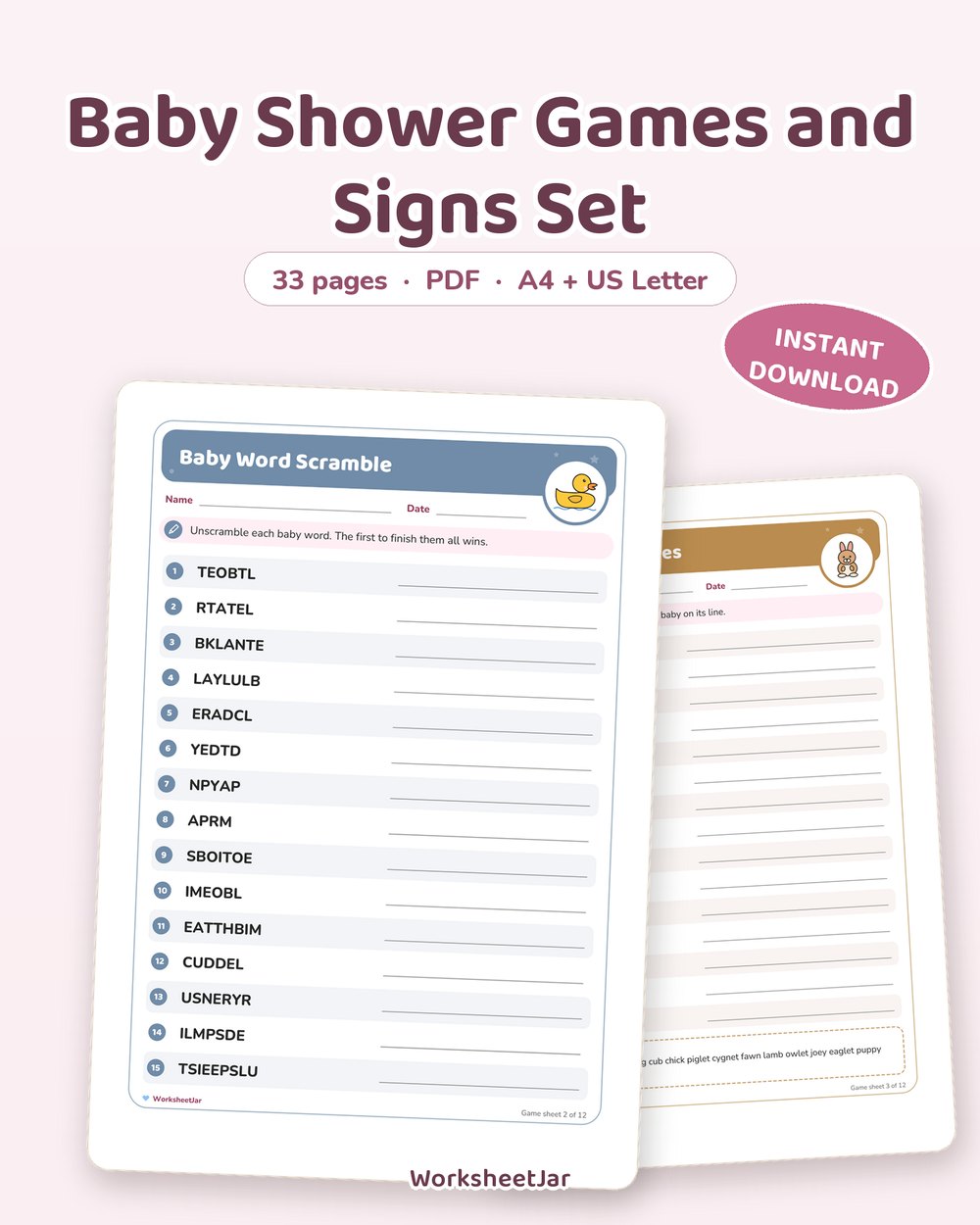 Baby Shower Games and Signs Set | 12 Seated Games - printable baby & milestones PDF, page preview