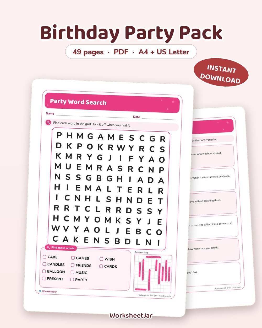 Birthday Party Pack | Invitations, Games and Signs - printable seasonal & holiday packs PDF, page preview