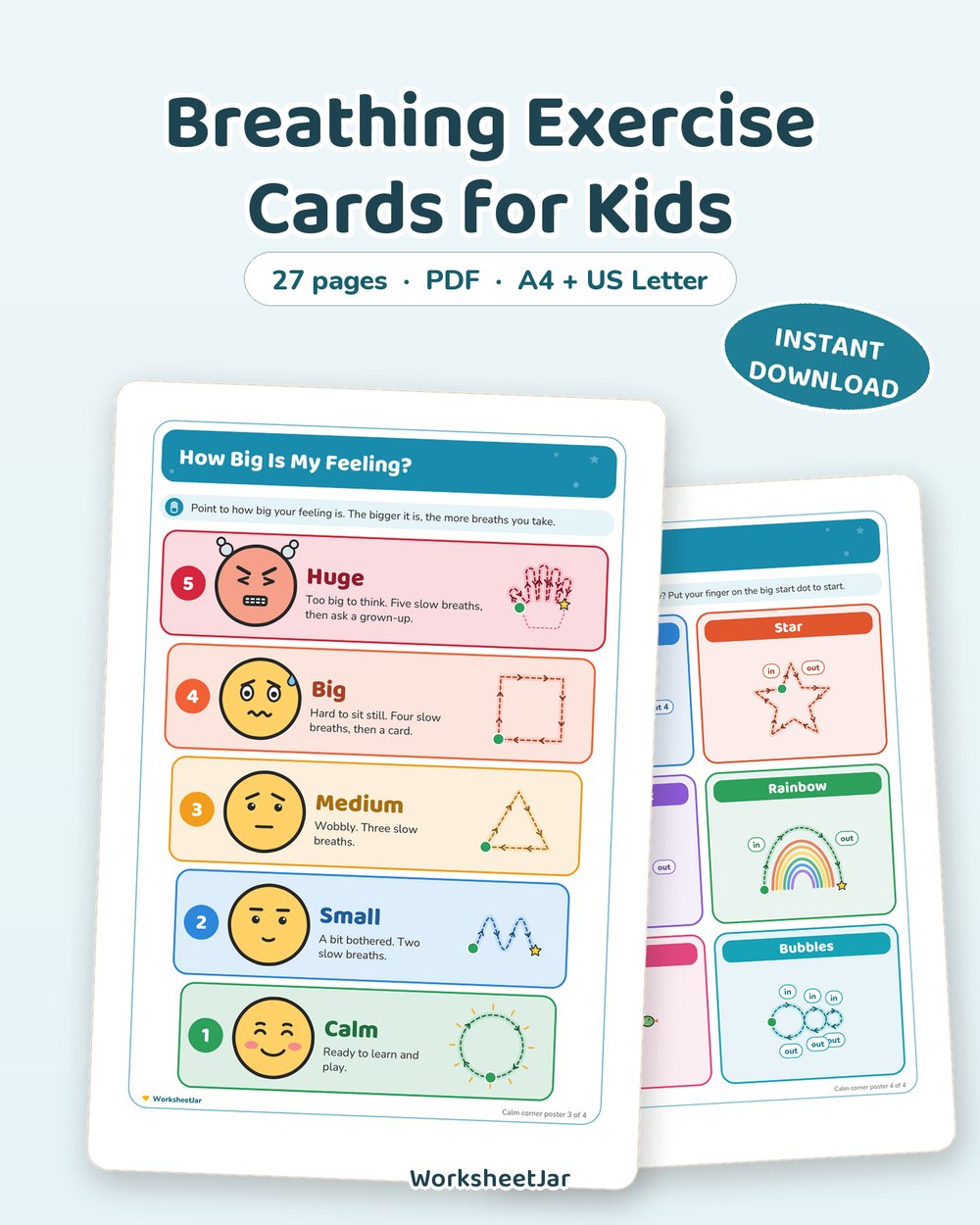 Breathing Exercise Cards for Kids | 24 Calming Techniques - printable sel & stem cards PDF, page preview