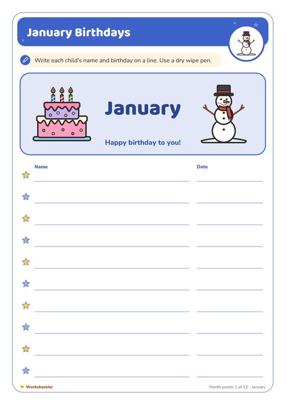 Classroom Birthday Chart Printable - inside page 1