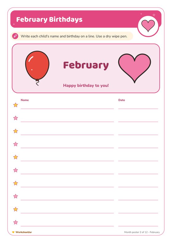 Classroom Birthday Chart Printable - inside page 2