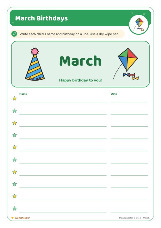 Classroom Birthday Chart Printable - inside page 3