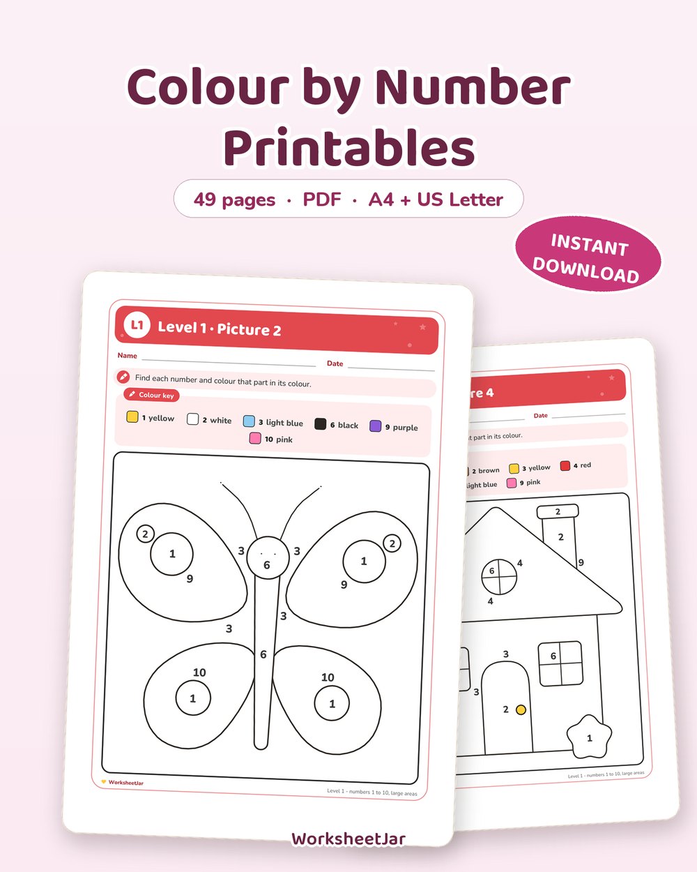 Colour by Number Printables | 49 Pages, Three Levels - printable colors & shapes PDF, page preview
