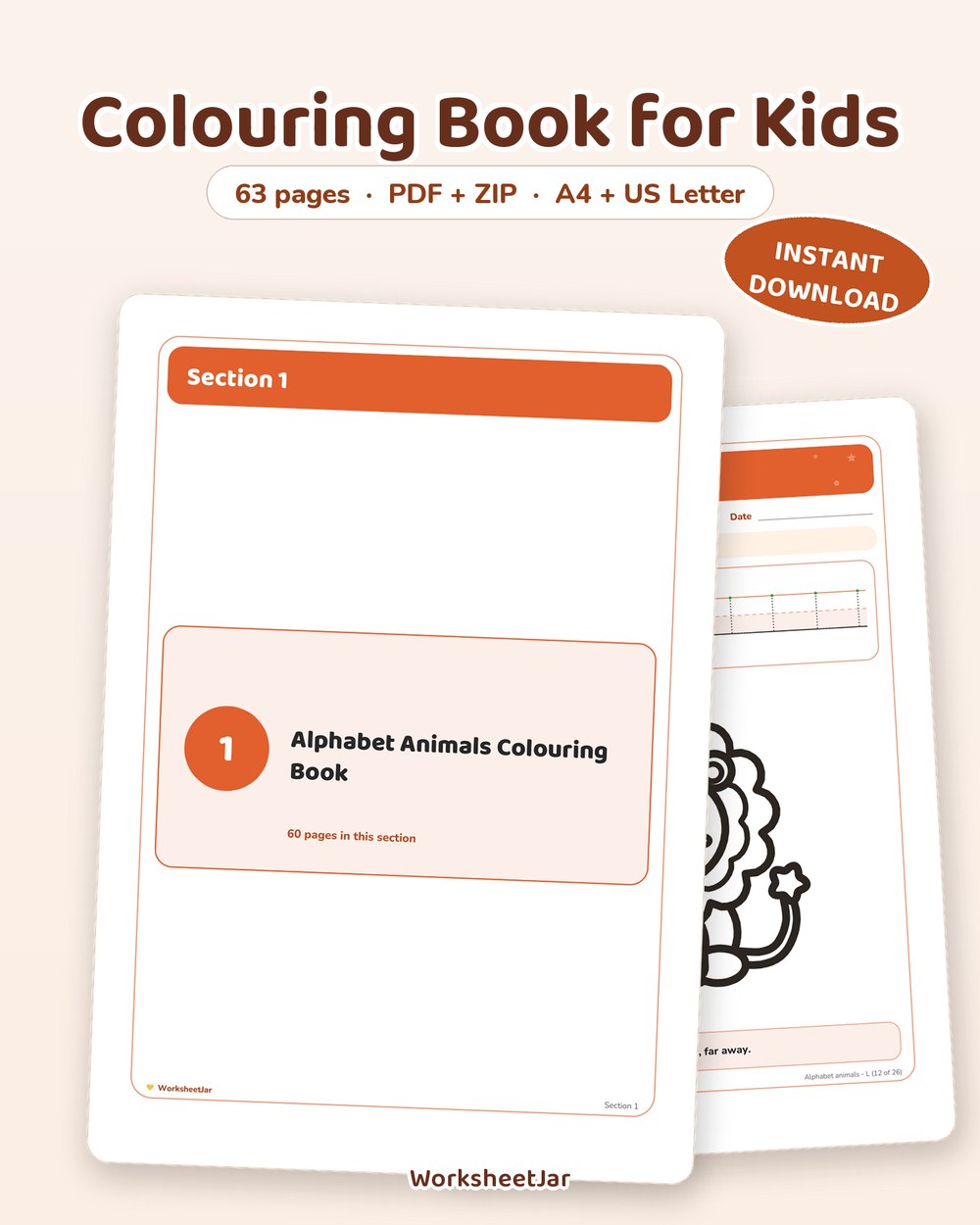 Colouring Book for Kids | Alphabet Animals, 63 Printable Pages - printable tracing & pre-writing PDF, page preview