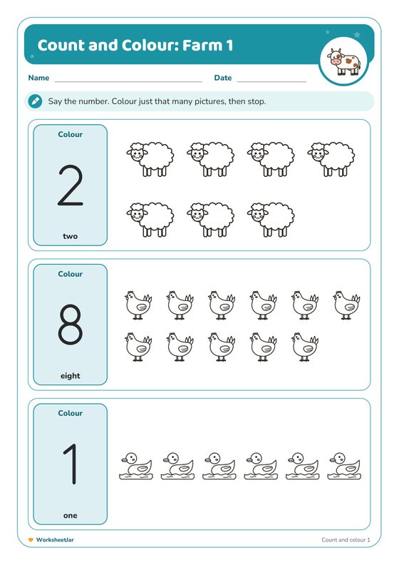 Counting Worksheets for Kindergarten - inside page 1