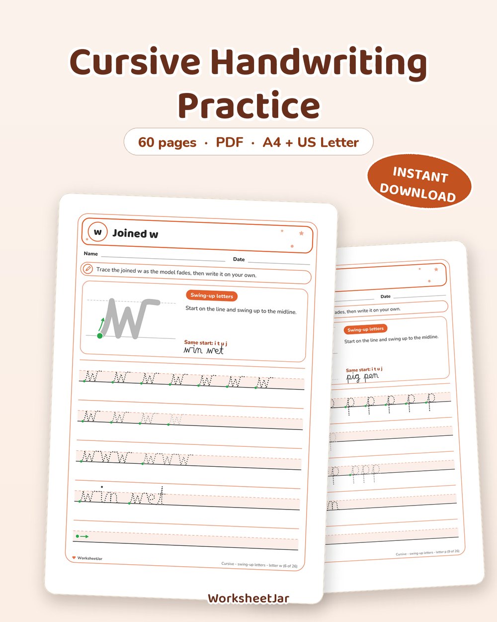 Cursive Handwriting Practice | 60 Joined Writing Pages - printable tracing & pre-writing PDF, page preview