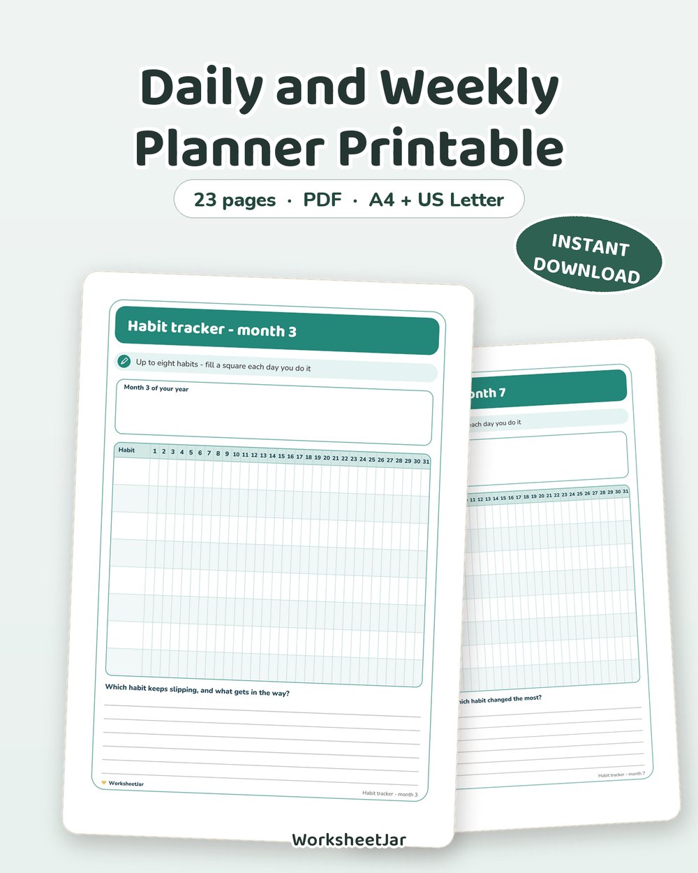 Daily and Weekly Planner Printable | Undated Habit Tracker - printable money & productivity PDF, page preview