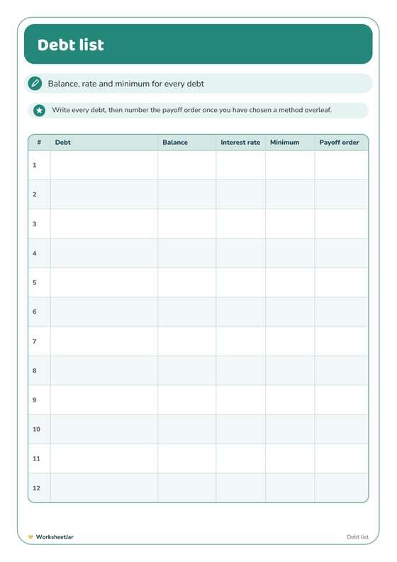 Debt Snowball Tracker Printable - inside page 1
