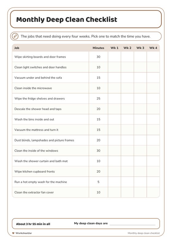 Deep Cleaning Checklist Printable - inside page 1
