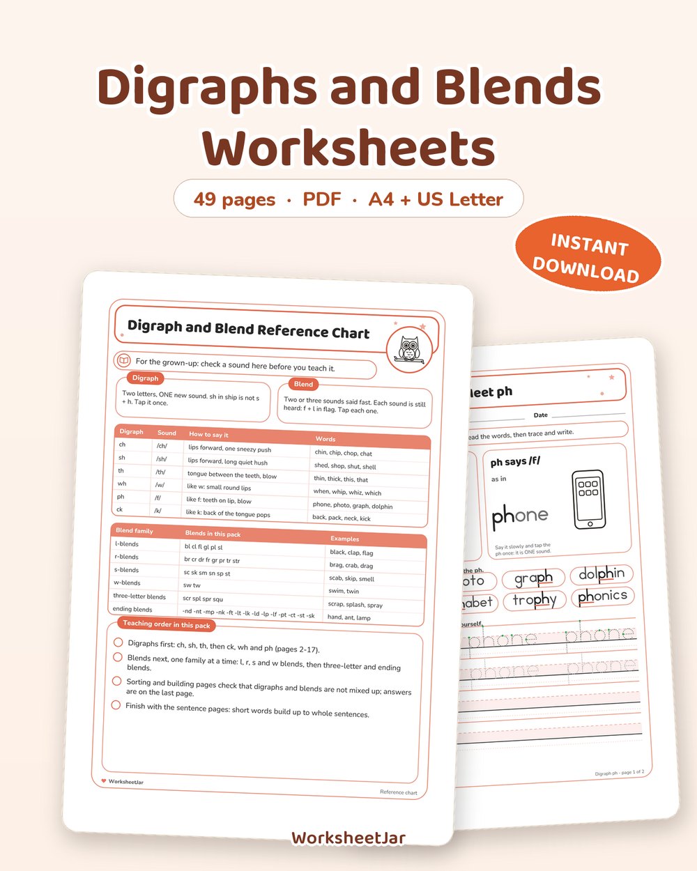 Digraphs and Blends Worksheets | ch sh th and 40 Blends - printable alphabet & phonics PDF, page preview