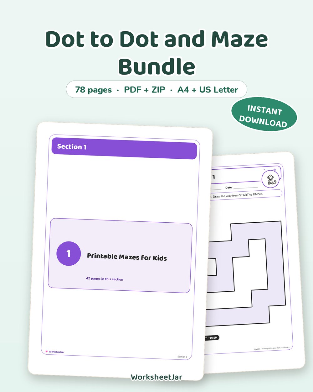 Dot to Dot and Maze Bundle | 78 Printable Puzzle Pages - printable fine motor & activity PDF, page preview