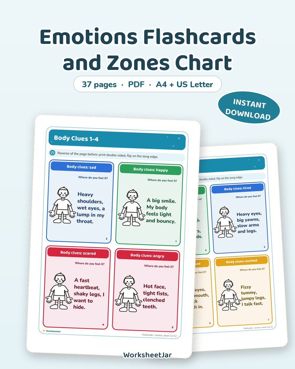 Emotions Flashcards and Zones Chart | 48 Feeling Cards - printable sel & stem cards PDF, page preview
