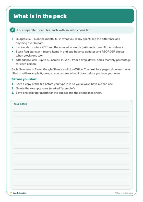 Excel Template Pack - inside page 1